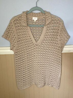 CYRUS Open Stitch Polo Knit Sweater Top Tan Beige Crochet Short Sleeve Medium